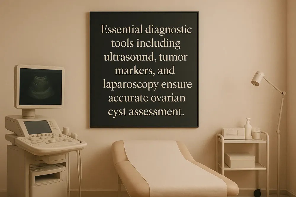 Essential diagnostic tools including ultrasound, tumor markers, and laparoscopy ensure accurate ovarian cyst assessment.