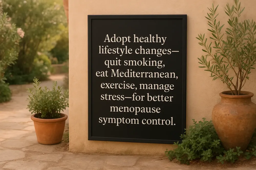 Adopt healthy lifestyle changes—quit smoking, eat Mediterranean, exercise, manage stress—for better menopause symptom control.