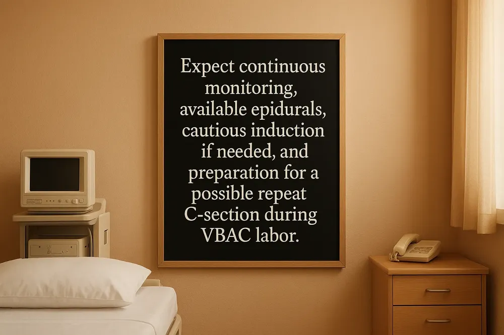 Expect continuous monitoring, available epidurals, cautious induction if needed, and preparation for a possible repeat C-section during VBAC labor.