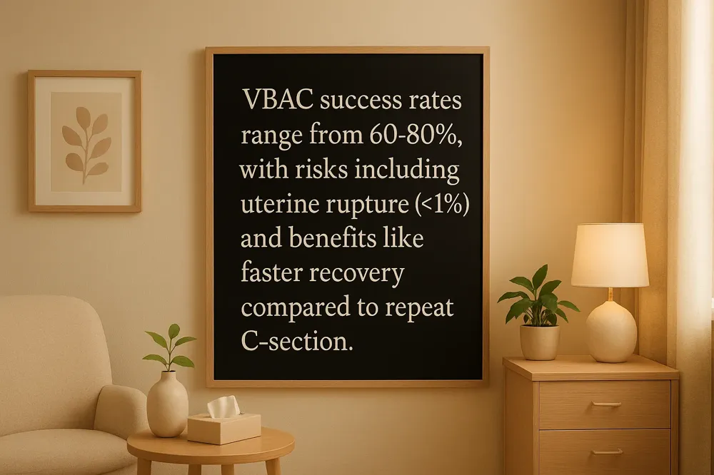 VBAC success rates range from 60-80%, with risks including uterine rupture (<1%) and benefits like faster recovery compared to repeat C-section.