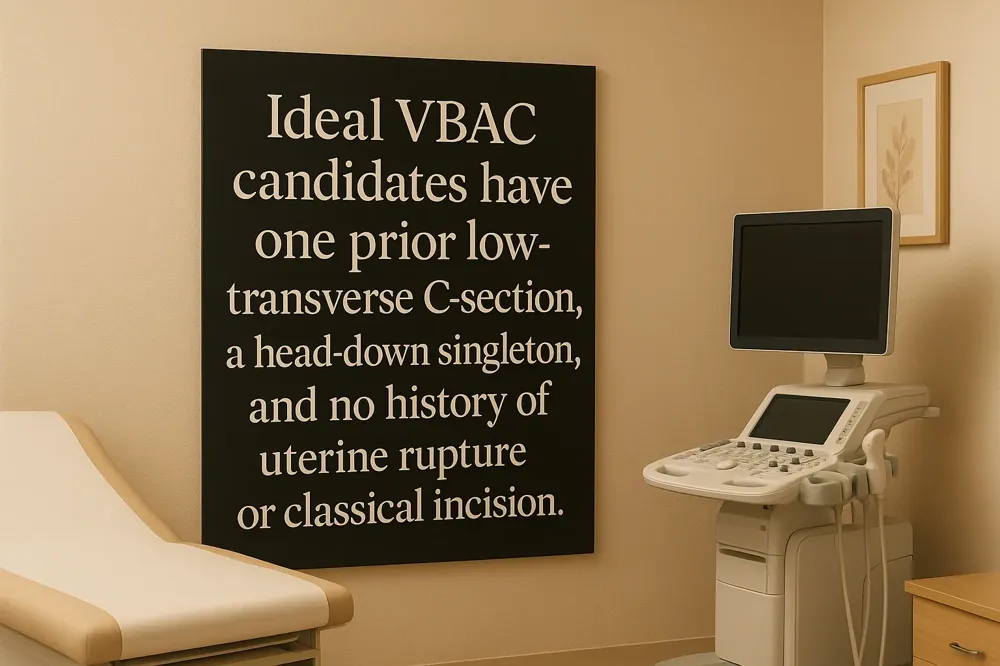 Ideal VBAC candidates have one prior low-transverse C-section, a head-down singleton, and no history of uterine rupture or classical incision.