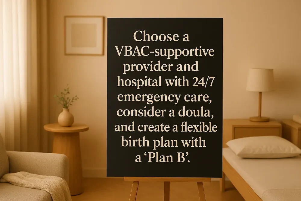 Choose a VBAC-supportive provider and hospital with 24/7 emergency care, consider a doula, and create a flexible birth plan with a 'Plan B'.