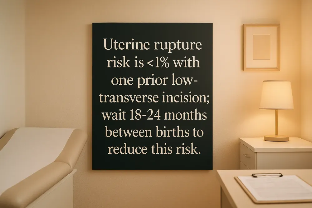 Uterine rupture risk is <1% with one prior low-transverse incision; wait 18-24 months between births to reduce this risk.