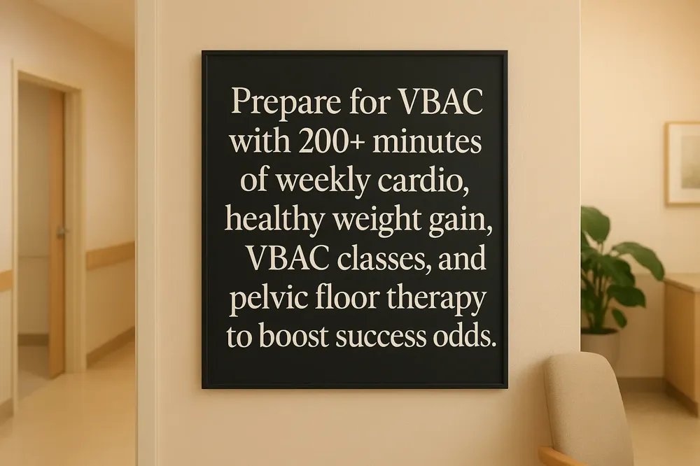 Prepare for VBAC with 200+ minutes of weekly cardio, healthy weight gain, VBAC classes, and pelvic floor therapy to boost success odds.