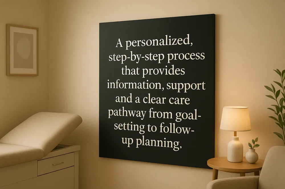 A personalized, step-by-step process that provides information, support, and a clear care pathway from goal-setting to follow-up planning.