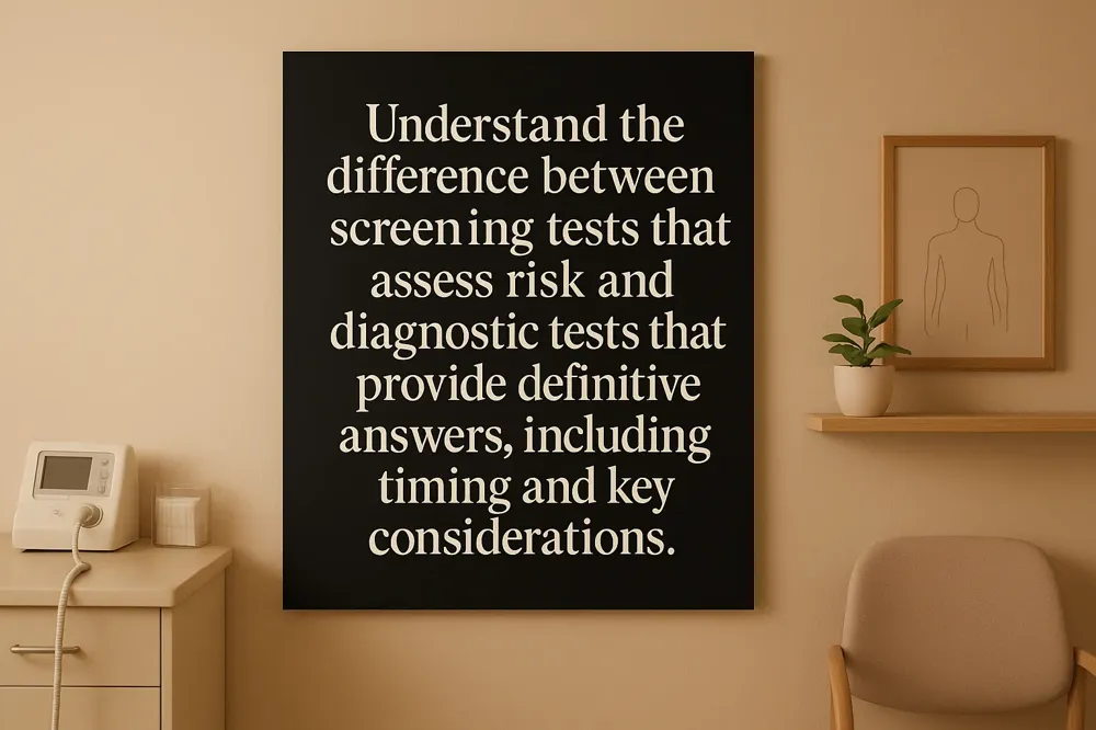 Understand the difference between screening tests that assess risk and diagnostic tests that provide definitive answers, including timing and key considerations.