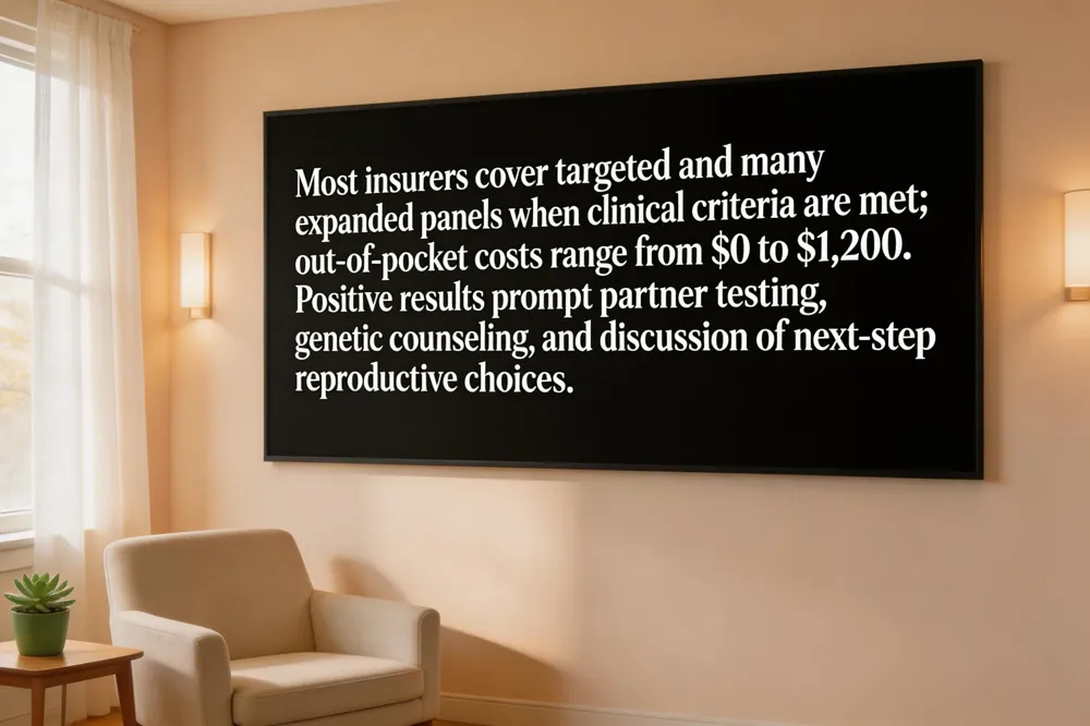 Most insurers cover targeted and many expanded panels when clinical criteria are met; out‑of‑pocket costs range from $0 to $1,200. Positive results prompt partner testing, genetic counseling, and discussion of next‑step reproductive choices.