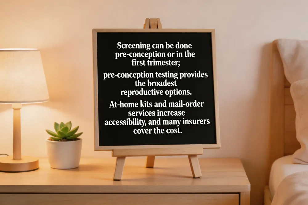 Screening can be done pre‑conception or in the first trimester; pre‑conception testing provides the broadest reproductive options. At‑home kits and mail‑order services increase accessibility, and many insurers cover the cost.