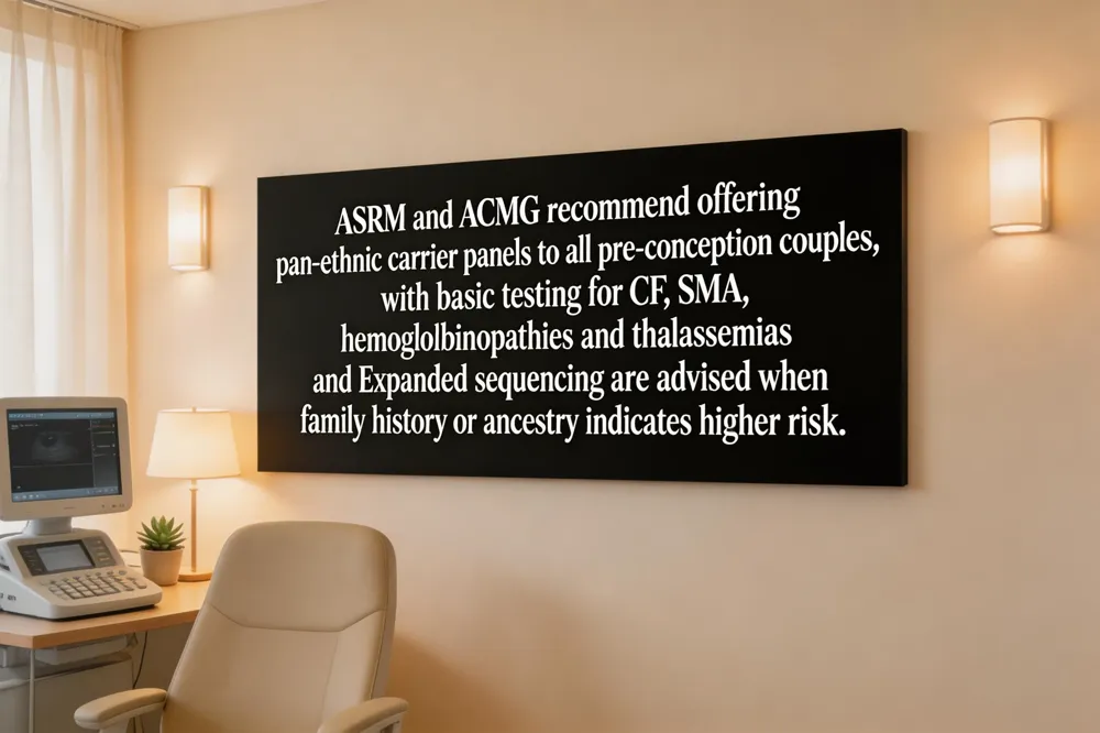 ASRM and ACMG recommend offering pan‑ethnic carrier panels to all pre‑conception couples, with basic testing for CF, SMA, hemoglobinopathies and thalassemias and Expanded sequencing are advised when family history or ancestry indicates higher risk.
