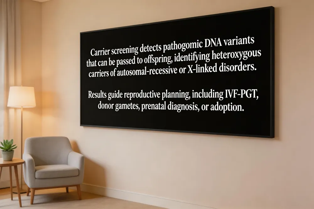 Carrier screening detects pathogenic DNA variants that can be passed to offspring, identifying heterozygous carriers of autosomal‑recessive or X‑linked disorders. Results guide reproductive planning, including IVF‑PGT, donor gametes, prenatal diagnosis, or adoption.