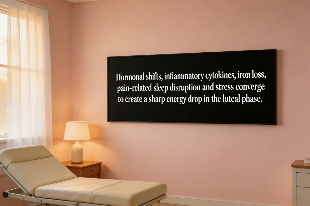 Hormonal shifts, inflammatory cytokines, iron loss, pain‑related sleep disruption and stress converge to create a sharp energy drop in the luteal phase.