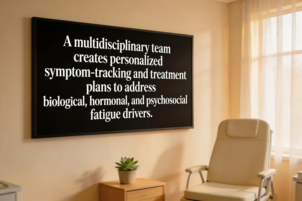 A multidisciplinary team creates personalized symptom‑tracking and treatment plans to address biological, hormonal, and psychosocial fatigue drivers.