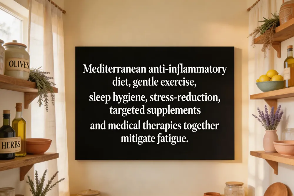 Mediterranean anti‑inflammatory diet, gentle exercise, sleep hygiene, stress‑reduction, targeted supplements and medical therapies together mitigate fatigue.