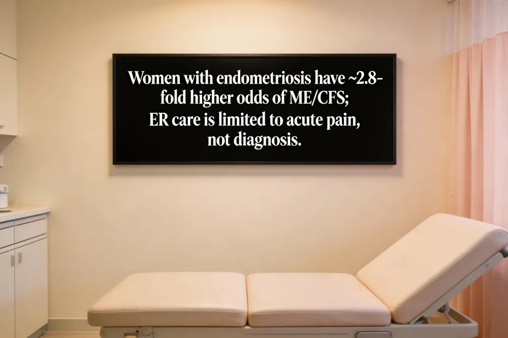 Women with endometriosis have ~2.8‑fold higher odds of ME/CFS; ER care is limited to acute pain, not diagnosis.