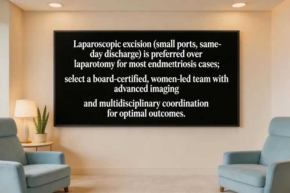 Laparoscopic excision (small ports, same‑day discharge) is preferred over laparotomy for most endometriosis cases; select a board‑certified, women‑led team with advanced imaging and multidisciplinary coordination for optimal outcomes.
