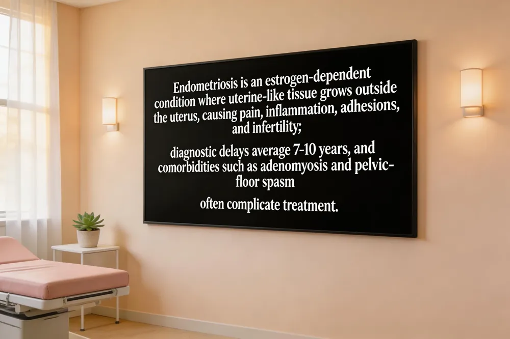Endometriosis is an estrogen‑dependent condition where uterine‑like tissue grows outside the uterus, causing pain, inflammation, adhesions, and infertility; diagnostic delays average 7‑10 years, and comorbidities such as adenomyosis and pelvic‑floor spasm often complicate treatment.