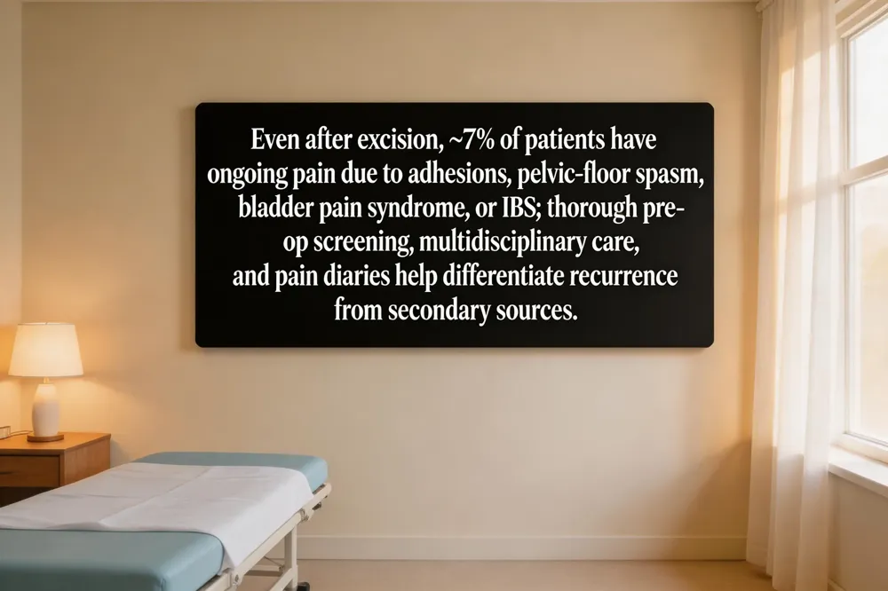 Even after excision, ~7 % of patients have ongoing pain due to adhesions, pelvic‑floor spasm, bladder pain syndrome, or IBS; thorough pre‑op screening, multidisciplinary care, and pain diaries help differentiate recurrence from secondary sources.