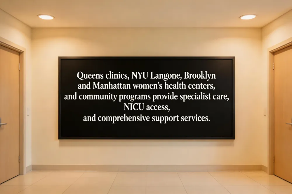 Queens clinics, NYU Langone, Brooklyn and Manhattan women’s health centers, and community programs provide specialist care, NICU access, and comprehensive support services.