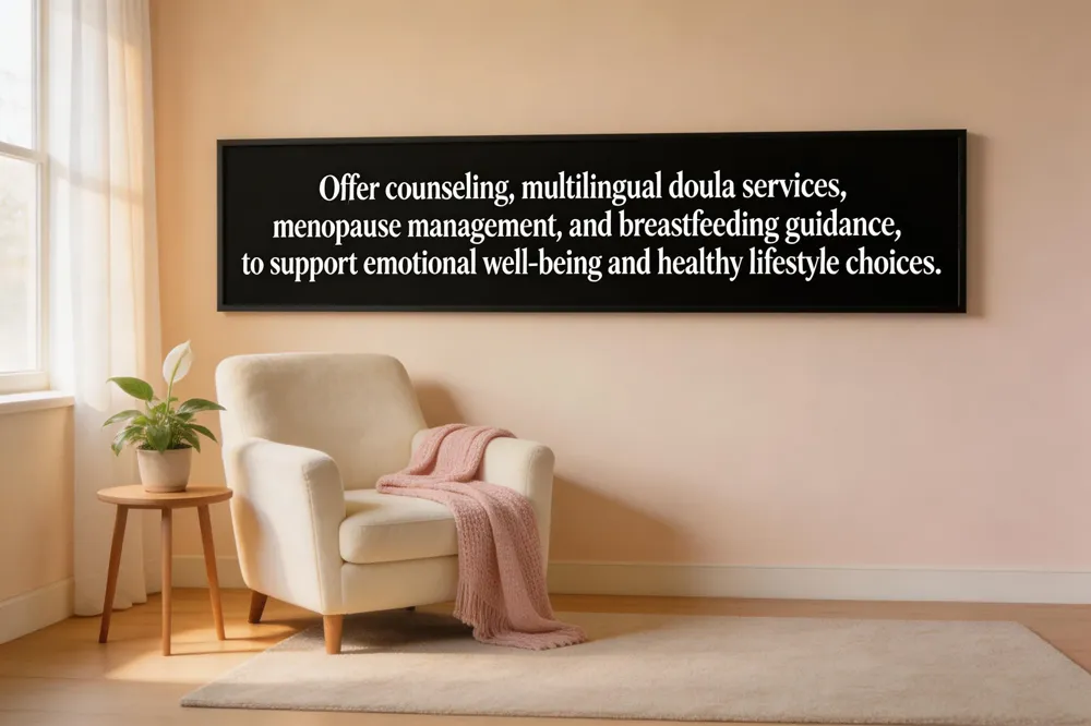 Offer counseling, multilingual doula services, menopause management, and breastfeeding guidance to support emotional well‑being and healthy lifestyle choices.