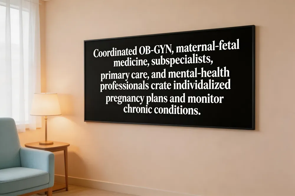 Coordinated OB‑GYN, maternal‑fetal medicine, subspecialists, primary care, and mental‑health professionals create individualized pregnancy plans and monitor chronic conditions.