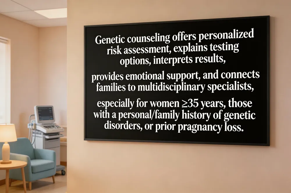 Genetic counseling offers personalized risk assessment, explains testing options, interprets results, provides emotional support, and connects families to multidisciplinary specialists, especially for women ≥ 35 years, those with a personal/family history of genetic disorders, or prior pregnancy loss.