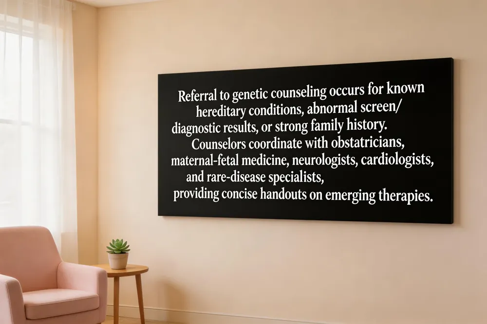 Referral to genetic counseling occurs for known hereditary conditions, abnormal screen/diagnostic results, or strong family history. Counselors coordinate with obstetricians, maternal‑fetal medicine, neurologists, cardiologists, and rare‑disease specialists, providing concise handouts on emerging therapies.