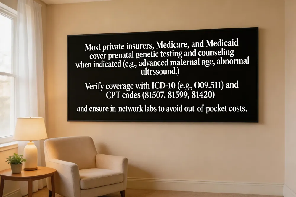 Most private insurers, Medicare, and Medicaid cover prenatal genetic testing and counseling when indicated (e.g., advanced maternal age, abnormal ultrasound). Verify coverage with ICD‑10 (e.g., O09.511) and CPT codes (81507, 81599, 81420) and ensure in‑network labs to avoid out‑of‑pocket costs.