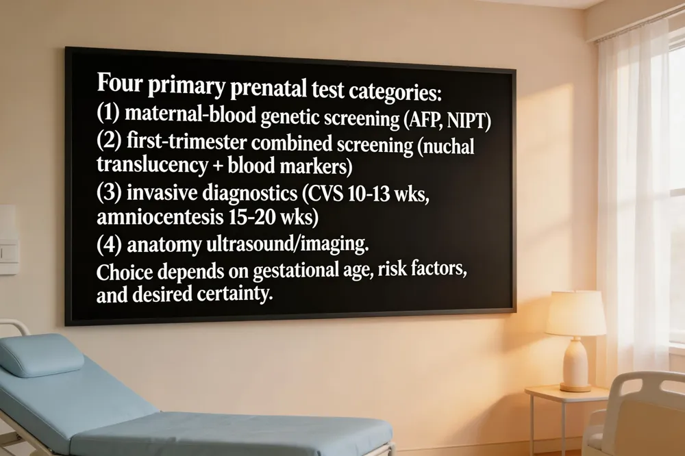 Four primary prenatal test categories: (1) maternal‑blood genetic screening (AFP, NIPT), (2) first‑trimester combined screening (nuchal translucency + blood markers), (3) invasive diagnostics (CVS 10‑13 wks, amniocentesis 15‑20 wks), and (4) anatomy ultrasound/imaging. Choice depends on gestational age, risk factors, and desired certainty.