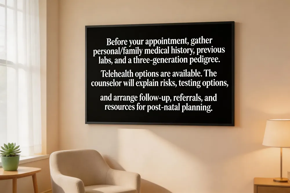 Before your appointment, gather personal/family medical history, previous labs, and a three‑generation pedigree. Telehealth options are available. The counselor will explain risks, testing options, and arrange follow‑up, referrals, and resources for post‑natal planning.