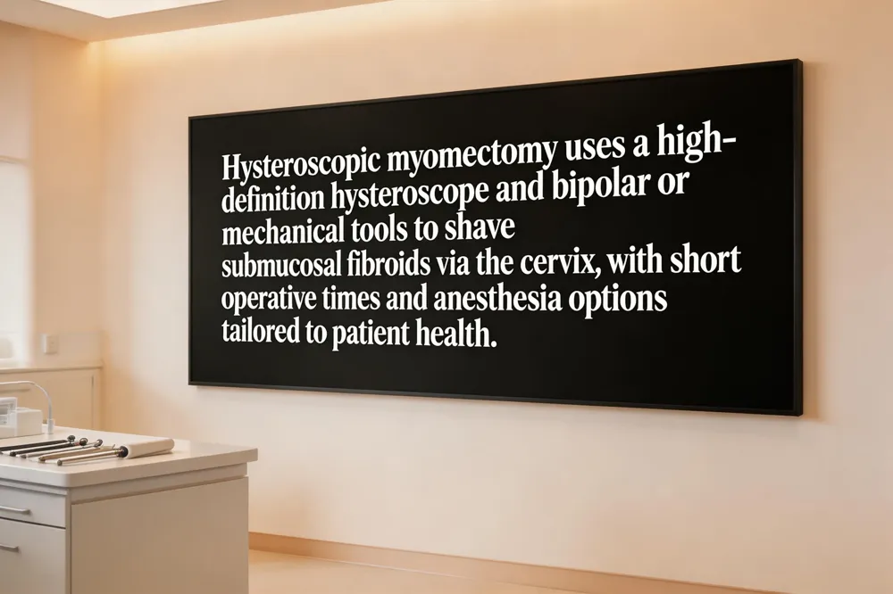 Hysteroscopic myomectomy uses a high‑definition hysteroscope and bipolar or mechanical tools to shave submucosal fibroids via the cervix, with short operative times and anesthesia options tailored to patient health.