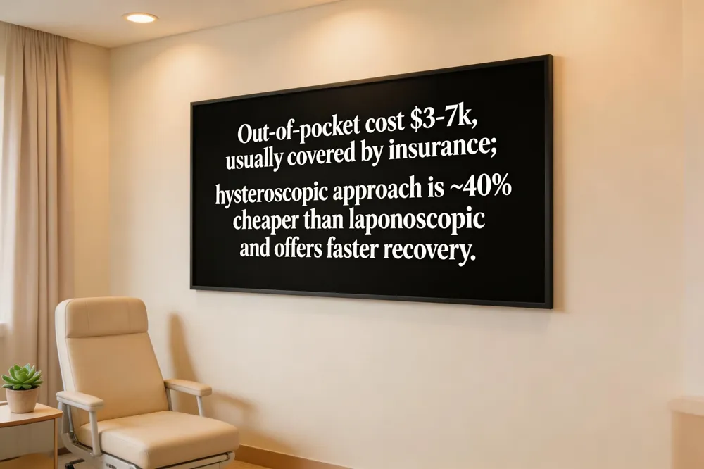 Out‑of‑pocket cost $3‑7k, usually covered by insurance; hysteroscopic approach is ~40% cheaper than laparoscopic and offers faster recovery.