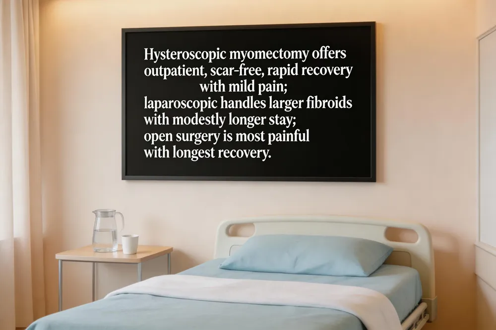 Hysteroscopic myomectomy offers outpatient, scar‑free, rapid recovery with mild pain; laparoscopic handles larger fibroids with modestly longer stay; open surgery is most painful with longest recovery.