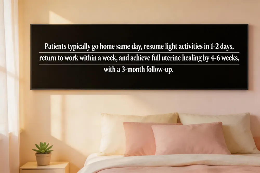Patients typically go home same day, resume light activities in 1‑2 days, return to work within a week, and achieve full uterine healing by 4‑6 weeks with a 3‑month follow‑up.