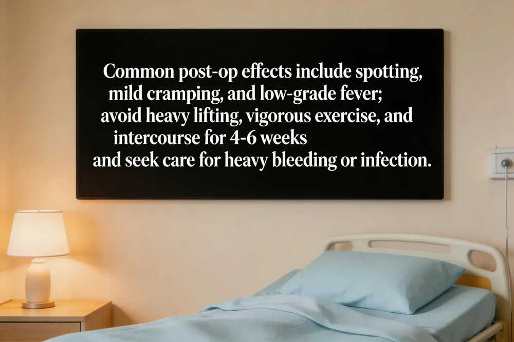 Common post‑op effects include spotting, mild cramping, and low‑grade fever; avoid heavy lifting, vigorous exercise, and intercourse for 4‑6 weeks and seek care for heavy bleeding or infection.