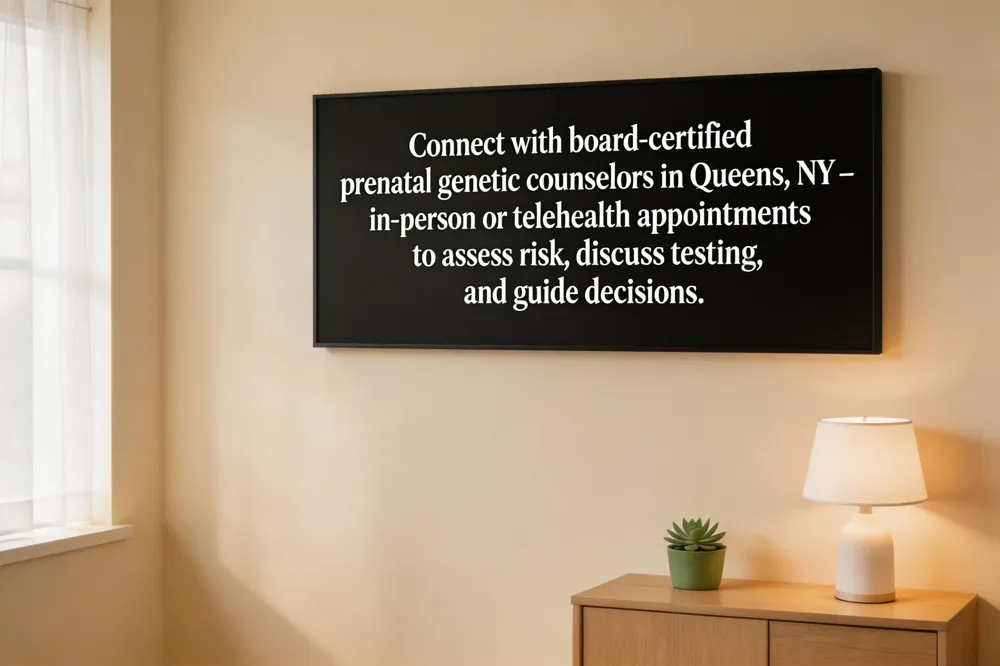 Connect with board‑certified prenatal genetic counselors in Queens, NY – in‑person or telehealth appointments to assess risk, discuss testing, and guide decisions.