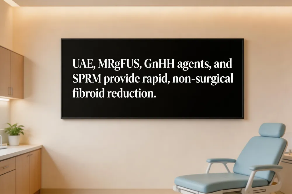 UAE, MRgFUS, GnRH agents, and SPRMs provide rapid, non‑surgical fibroid reduction.