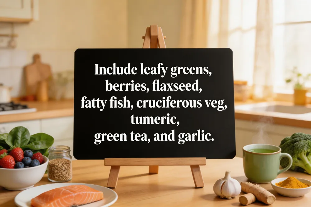 Include leafy greens, berries, flaxseed, fatty fish, cruciferous veg, turmeric, green tea, and garlic.