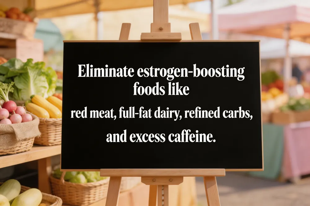 Eliminate estrogen‑boosting foods like red meat, full‑fat dairy, refined carbs, and excess caffeine.