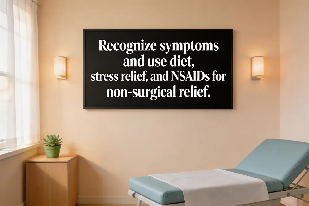 Recognize symptoms and use diet, stress relief, and NSAIDs for non‑surgical relief.