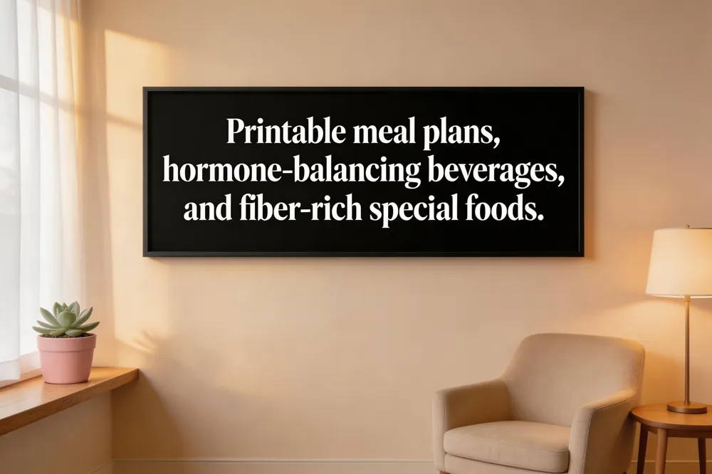 Printable meal plans, hormone‑balancing beverages, and fiber‑rich special foods.