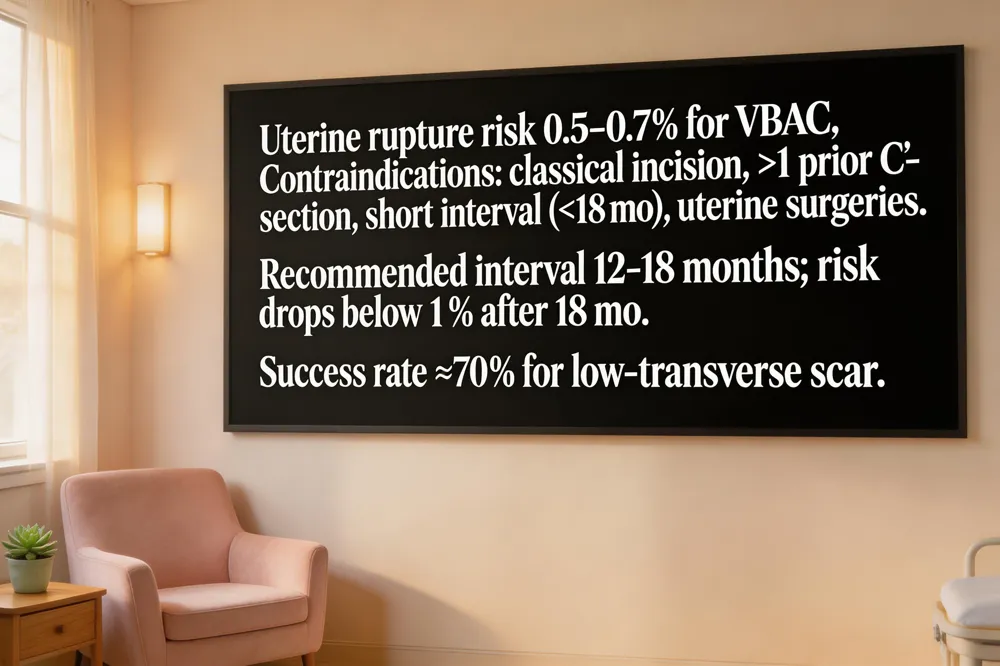 Uterine rupture risk 0.5‑0.7 % for VBAC. Contraindications: classical incision, >1 prior C‑section, short interval (<18 mo), uterine surgeries. Recommended interval 12‑18 months; risk drops below 1 % after 18 mo. Success rate ≈70 % for low‑transverse scar.
