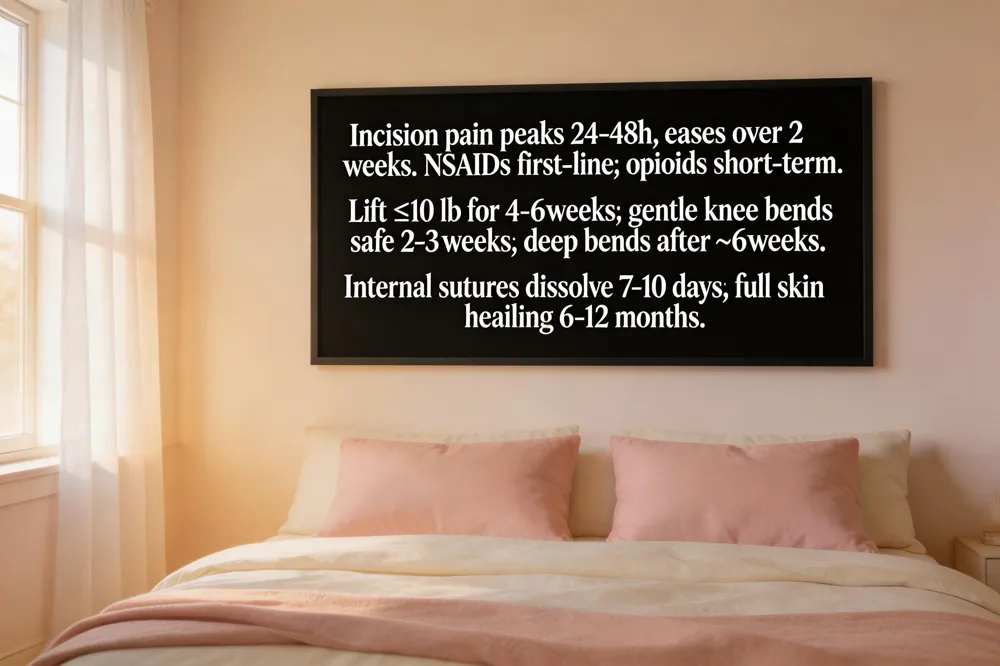 Incision pain peaks 24‑48 h, eases over 2 weeks. NSAIDs first‑line; opioids short‑term. Lift ≤10 lb for 4‑6 weeks; gentle knee bends safe 2‑3 weeks; deep bends after ~6 weeks. Internal sutures dissolve 7‑10 days; full skin healing 6‑12 months.