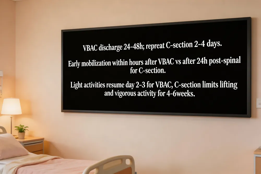VBAC discharge 24‑48 h; repeat C‑section 2‑4 days. Early mobilization within hours after VBAC vs after 24 h post‑spinal for C‑section. Light activities resume day 2‑3 for VBAC; C‑section limits lifting and vigorous activity for 4‑6 weeks.