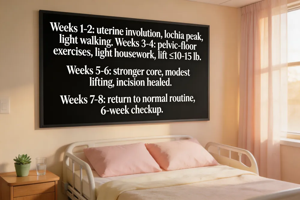 Weeks 1‑2: uterine involution, lochia peak, light walking. Weeks 3‑4: pelvic‑floor exercises, light housework, lift ≤10‑15 lb. Weeks 5‑6: stronger core, modest lifting, incision healed. Weeks 7‑8: return to normal routine, 6‑week checkup.