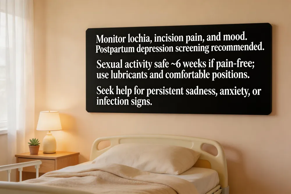 Monitor lochia, incision pain, and mood. Postpartum depression screening recommended. Sexual activity safe ~6 weeks if pain‑free; use lubricants and comfortable positions. Seek help for persistent sadness, anxiety, or infection signs.