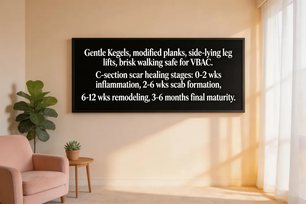 Gentle Kegels, modified planks, side‑lying leg lifts, brisk walking safe for VBAC. C‑section scar healing stages: 0‑2 wks inflammation, 2‑6 wks scab formation, 6‑12 wks remodeling, 3‑6 months final maturity.