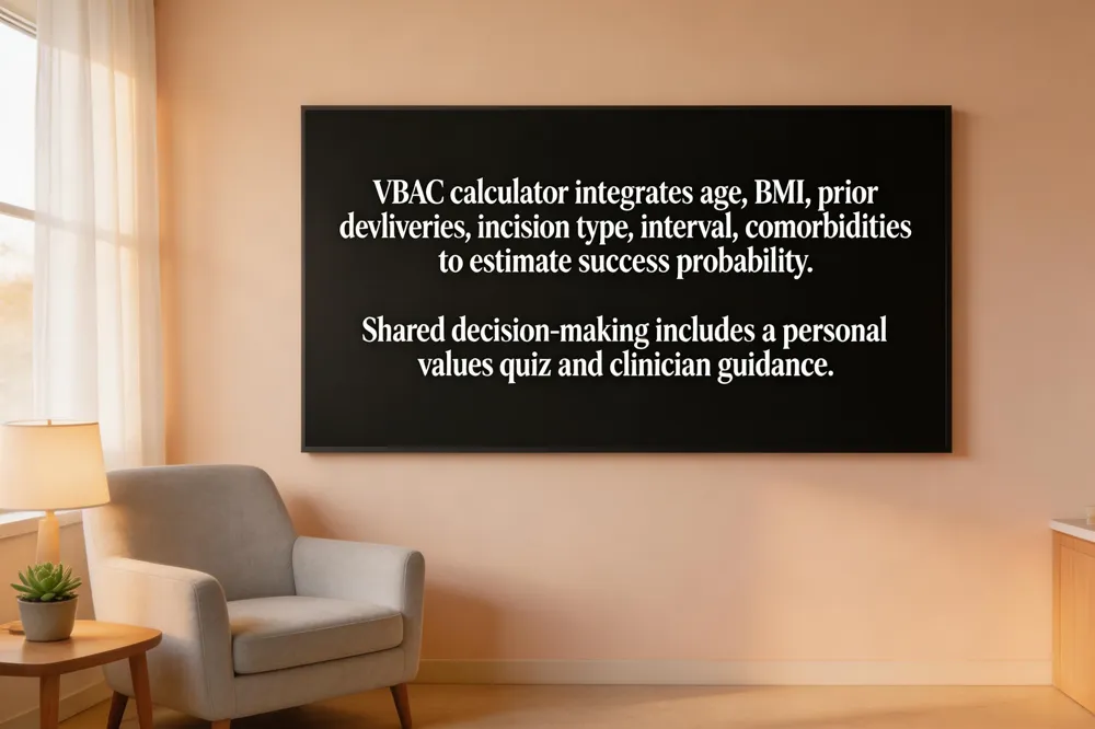 VBAC calculator integrates age, BMI, prior deliveries, incision type, interval, comorbidities to estimate success probability. Shared decision‑making includes a personal values quiz and clinician guidance.