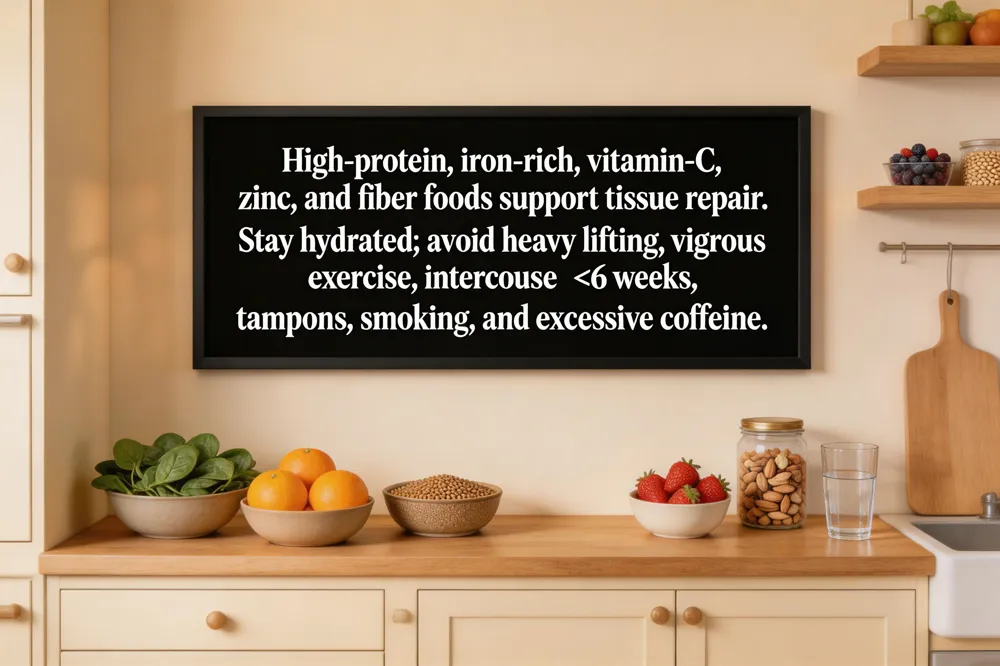 High‑protein, iron‑rich, vitamin‑C, zinc, and fiber foods support tissue repair. Stay hydrated; avoid heavy lifting, vigorous exercise, intercourse <6 weeks, tampons, smoking, and excessive caffeine.