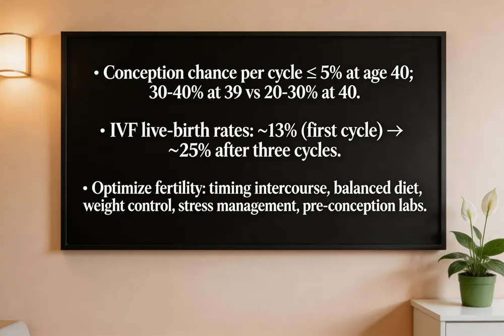 • Conception chance per cycle ≤ 5 % at age 40; 30‑40 % chance of pregnancy within a year at 39 vs 20‑30 % at 40.
• IVF live‑birth rates: ~13 % (first cycle) → ~25 % after three cycles.
• Optimize fertility: timing intercourse, balanced diet, weight control, stress management, pre‑conception labs.