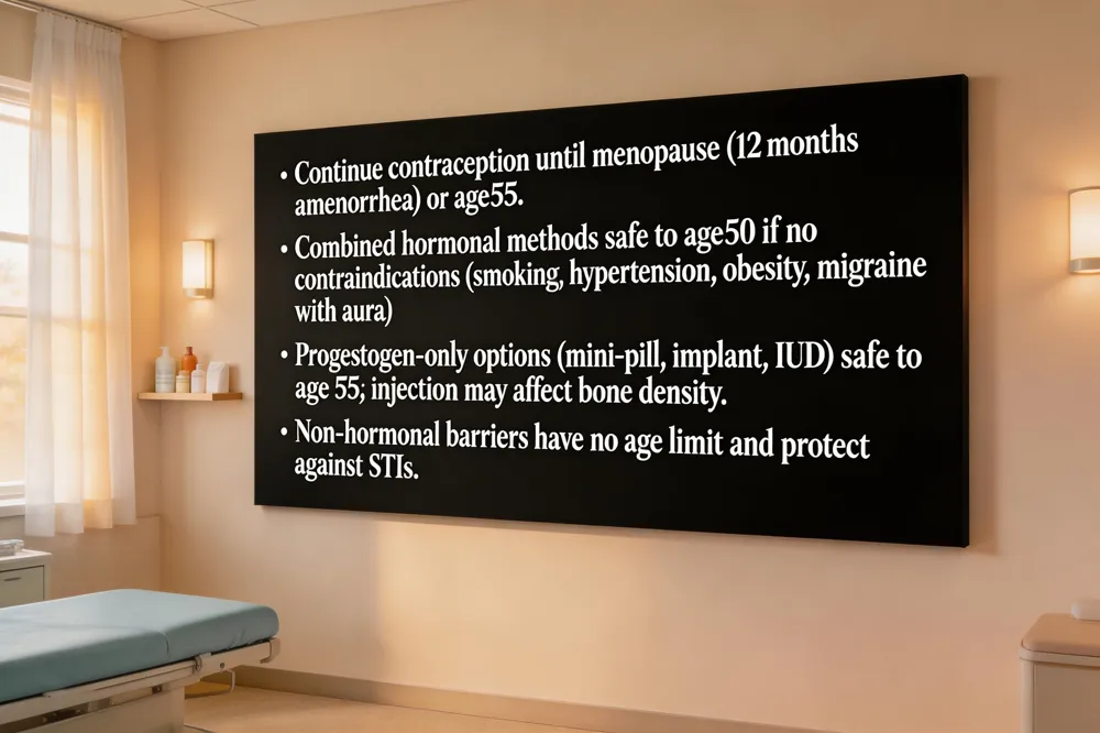 • Continue contraception until menopause (12 months amenorrhea) or age 55.
• Combined hormonal methods safe to age 50 if no contraindications (smoking, hypertension, obesity, migraine with aura).
• Progestogen‑only options (mini‑pill, implant, IUD) safe to age 55; injection may affect bone density.
• Non‑hormonal barriers have no age limit and protect against STIs.